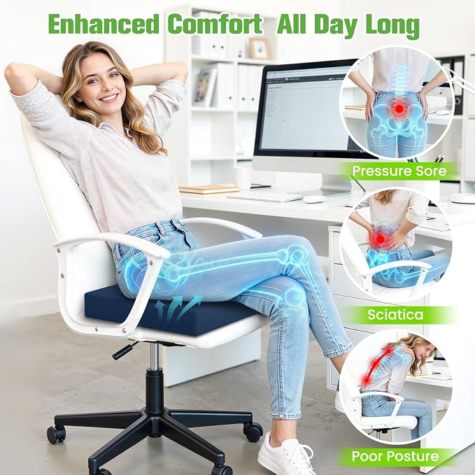 Seat Cushion for Office Chairs, Memory Foam Chair Cushion with Patterned Core for Even Support, Back, Tailbone & Sciatica Relief, Chair Pillow with Carry Handle for Car, Wheelchair (Blue)