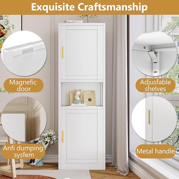67" H Metal Tall Narrow Storage Cabinet, Freestanding Floor Cabinet with 2 Doors and Adjustable Shelves, Pantry Storage Cabinets for Bathroom, Living Room, Entryway and Kitchen (White)
