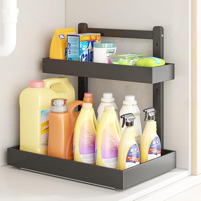 Under Sink Organizer - 1-Tier Pull Out Cabinet Organizer Vertical Slide Out Sink Shelf Storage Shelves for Multi-Purpose Bath Kitchen Bathroom Medicine (Black, 1 Pack)