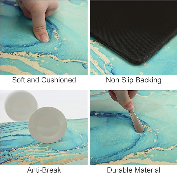 MAYHMYO Kitchen Rugs and Mats Set of 2 Teal Marble Gold Anti Fatigue Mat PVC Non Slip Turquoise Foam Cushioned Kitchen Mats for Floor Dining Room Home Office Sink Laundry