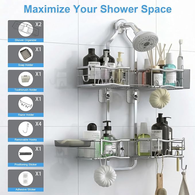 Shower Caddy Hanging Organizer, Rustproof Shower Organizer Hanging for Handheld Showerhead with Hooks for Razor/Sponge, Bathroom Caddy Rack Shower Shelves for Shampoo Soap Towels, Silver