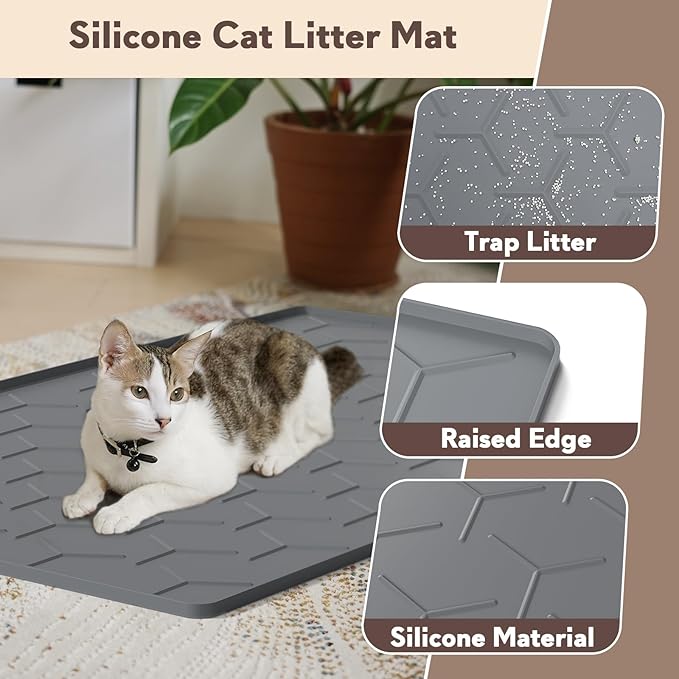 Garoopion Cat Litter Box Mat, Large 34.05×22.5 inch Cat Litter Mat, Waterproof Silicone Pad for Floor, Dark Gray