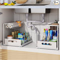 2 Pack Under Sink Organizer, 2 Tier Pull-Out Cabinet Storage Shelf, Rust-Resistant Metal Organizer for Kitchen Bathroom Laundry Room, No Tools Installation, White