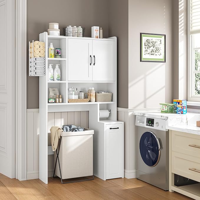 UPOSOJA Over The Toilet Storage Cabinet with Pulley Small Bathroom Storage Cabinet, Space Saver W/Adjustable Shelf & Towel Rack for Bathroom, Restroom, Laundry (White-Type B)