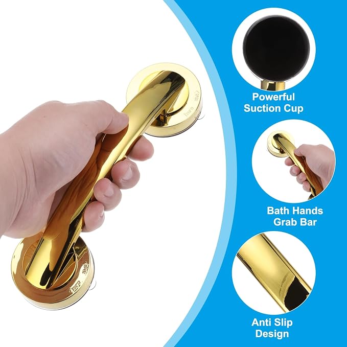 uxcell Grab Bars for Bathtubs and Showers, 9.1" Mirror Glass Door and Window Handles Powerful Shower Suction Cup Anti-Slip Safety Bars for Senior Shower Chairs Gold