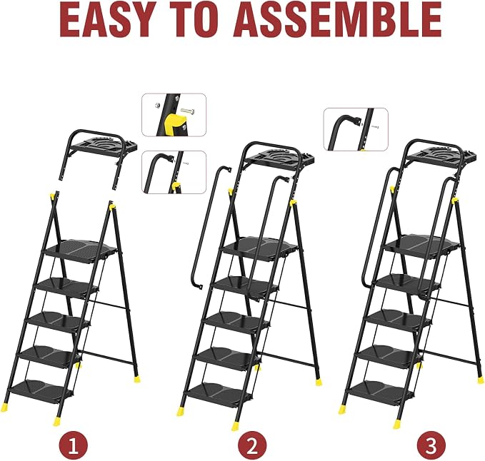 5 Step Foldable Step Ladder Stool with Roomy Tool Tray and Secure Handrail, Foldable Platform Ladder 5 Step Folding Stepstools with Wide Pedals and 800lbs Weight Capacity for Adults, Home, Kitchen