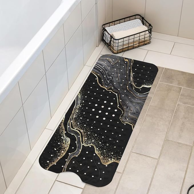 LNOND Marble Bath Tub Mat Non Slip, Extra Long 40 X 16 Inch Anti Slip Mat for Bathtub, Black Gold Marble Shower Mat with Drain Holes and Suction Cups, Machine Washable