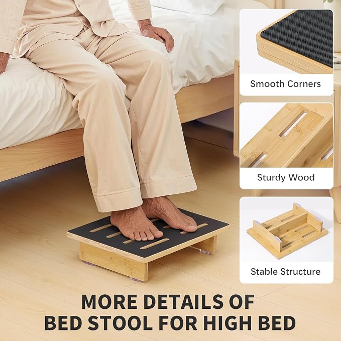 Roylvan Step Stool for Adults, 3.5" Bed Step for High Beds, Non-Slip Stepping Stool with Load Capacity of 440 lbs, Wooden Step Stool for Seniors, Kids, Bedside, Shower, Kitchen Use, Beech Wood/Black