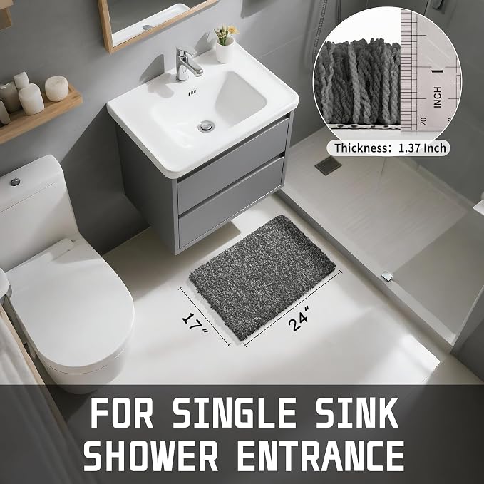 Yimobra Bathroom Rugs Non Slip Washable, Ultra Soft and Water Absorbent Bath Mats, Plush Fluffy Shower Mat Outside, Microfiber Thick Matts for Bathroom Floor/Sink, 24X17, Light Gray and Black Gray
