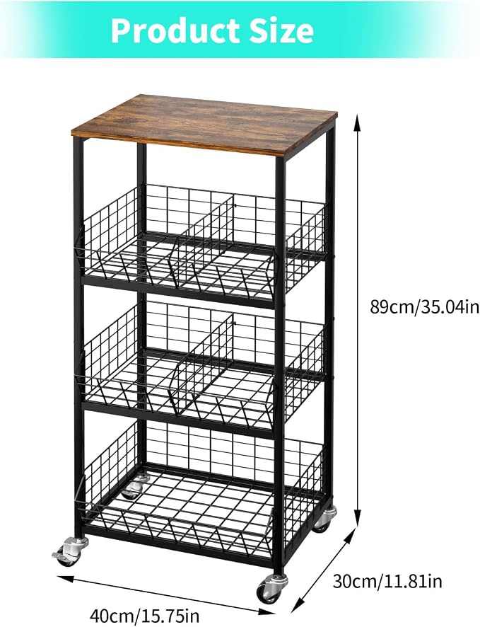 HapiRm Kitchen Fruit Vegetable Cart - 4 Tier Rolling Storage Rack with Wheels and Dividers, Coffee Station Cart Rack Shelf Organizer for Onion, Potato, Snack, Fruit, Vegetable Storage Stand, Black