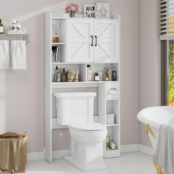 Vabches Over The Toilet Storage Cabinet, Farmhouse Storage Cabinet Over Toilet with 2 Barn Door & Toilet Paper Holder Stand，Home Space-Saving Toilet Rack, for Bathroom, Restroom, Laundry