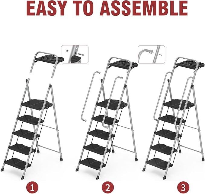 5 Step Foldable Step Ladder Stool with Roomy Tool Tray and Secure Handrail, Foldable Platform Ladder 5 Step Folding Stepstools with Wide Pedals and 800lbs Weight Capacity for Adults, Home, Kitchen