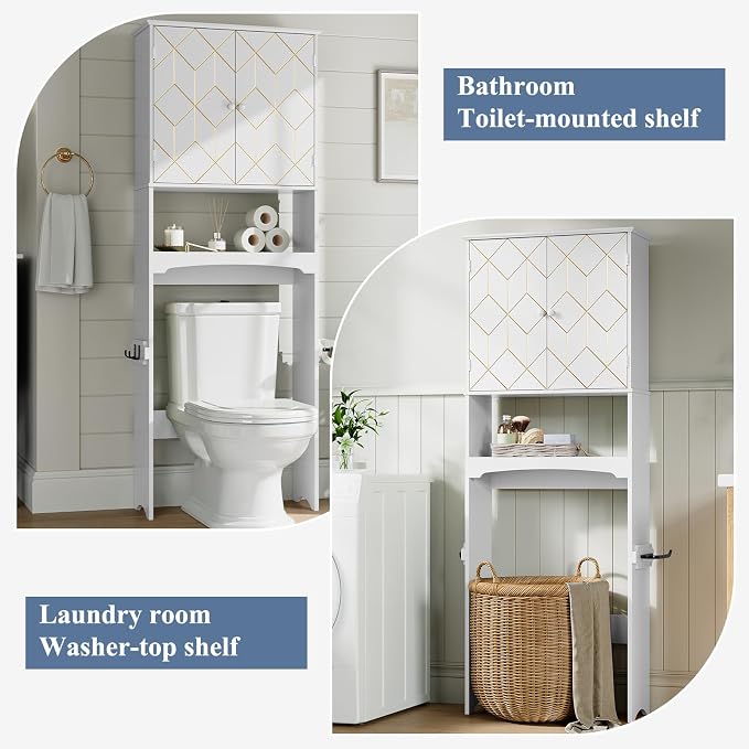 Gold Trim Over The Toilet Storage Cabinet, Double Doors Over Toilet Bathroom Organizer with Adjustable Shelves and Toilet Paper Holder, Modern Over Toilet Storage Cabinet for Bathroom (White)