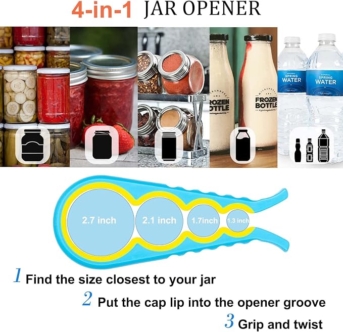 Jar Opener, Bloss Non Slip Jar Bottle Opener Jar Gripper for Weak Hands, Seniors With Arthritis and Children, 4 in 1 Multi-Function Colorful Can Opener Kitchen Tool Get Lids Off Easily, Blue Yellow