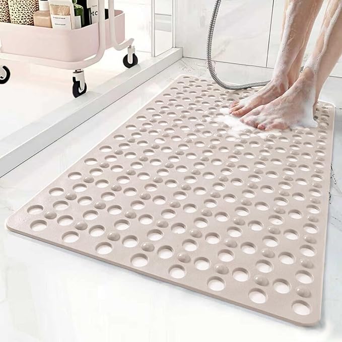 Non Slip Bathtub and Shower Mat 31x17 inch,Bath Mat with Quick Dry Drain Holes and Suction Cups, Soft Comfortable Safe Bathroom Mat for Bath Tub, Floor, Tile (Khaki)