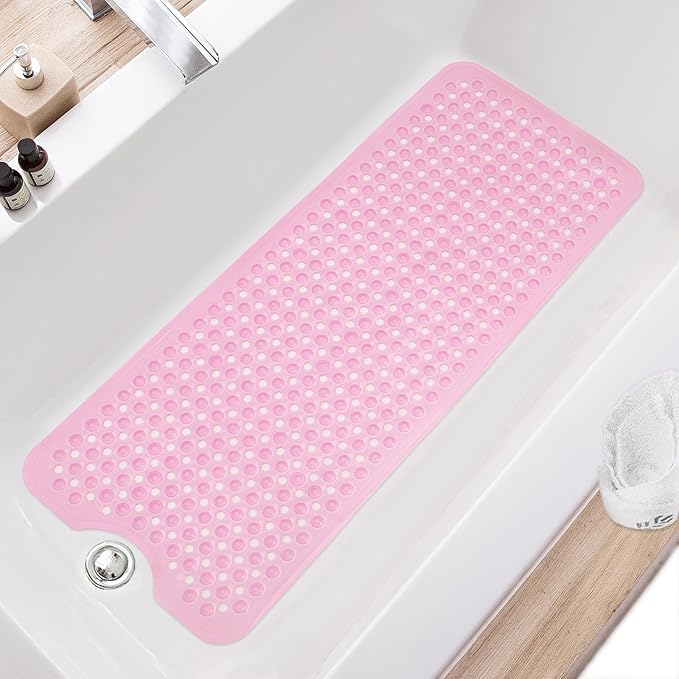 TEESHLY Bath Tub and Shower Mats, Non Slip 40 x 16 Inch Extra Large Bathtub Mat, Machine Washable Bathmat with Drain Holes, Suction Cups for Bathroom Floor, Clear Pink