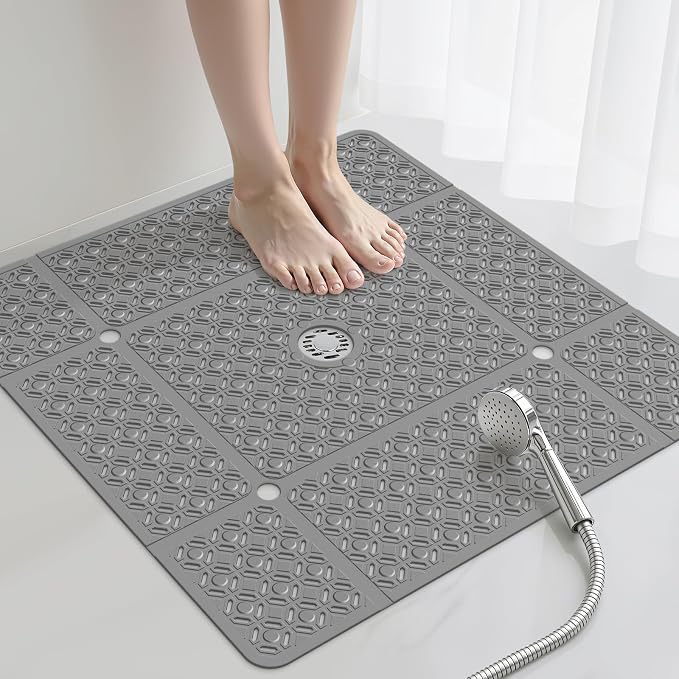 Yolife Square Shower Mat, 27" x 27" Large Shower Mat with Center Drain Hole, Soft TPE Non Slip Shower Mats for Inside Shower with Suction Cups, Anti Slip Washable Shower Floor Mat, Dark Grey