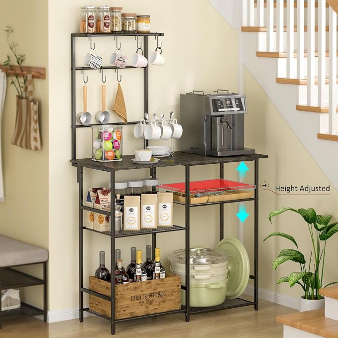 3IngSeagulls Baker's Rack for Kitchen with Storage, Microwave Stand with Adjustable Shelves, Kitchen Stand with 10 S Hooks, 6-Tier Coffee Bar Station, Storage Shelves for Spices, Pots, Gray