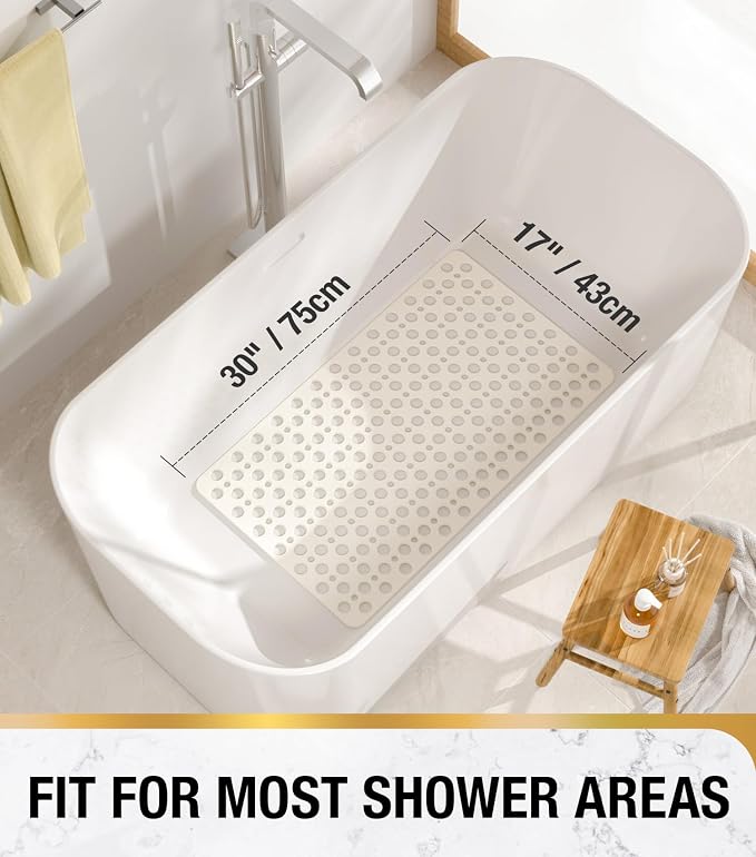 HITSLAM Bathtub Mat Non Slip, 30 x 17 Inch TPE Bath Mat for Tub, Efficient Drainage Bathroom Shower Mat with Suction Cups, Bath Tub Mat, Soft on Feet and Easy to Clean, White