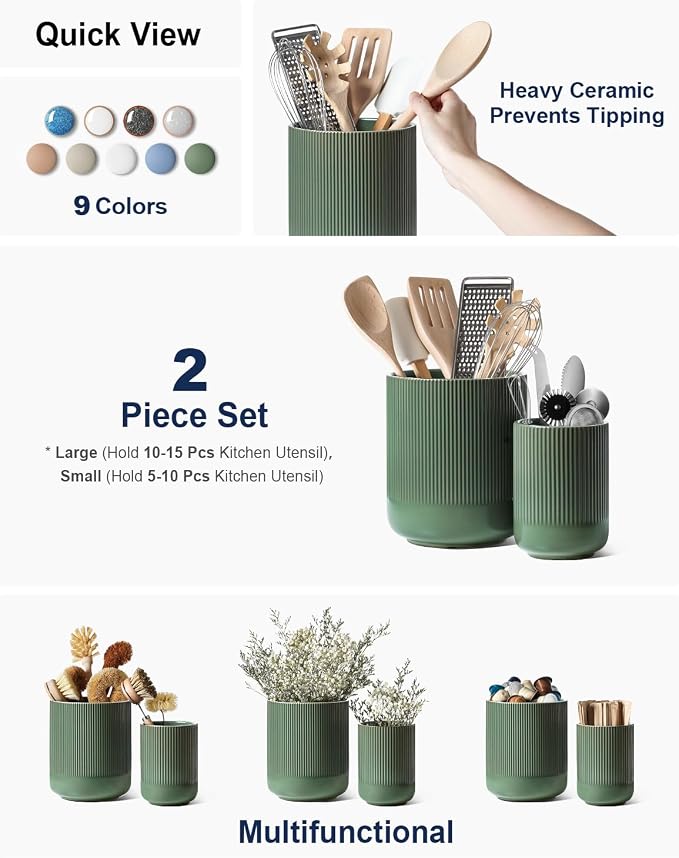LE TAUCI Utensil Holder for Kitchen Counter, 7.3"+5.4" Fluted Ceramic Utensil Crock Organizer for Countertop, Heavy Large Holder for Spatulas, Spoons, Set of 2, Forest Green