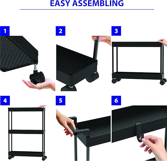 Simple Houseware 3-Tier Slim/Narrow Storage Cart with Handle, 5.5'' Wide x 27.5'' Height Rolling Organizer for Kitchen, Bathroom, Laundry Room - Black