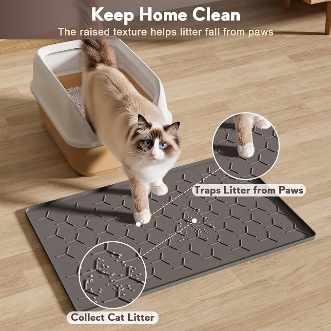 Garoopion Cat Litter Box Mat, Silicone Kitty Litter Mat, 24" X 16" Waterproof Silicone Pad for Floor, Dark Gray