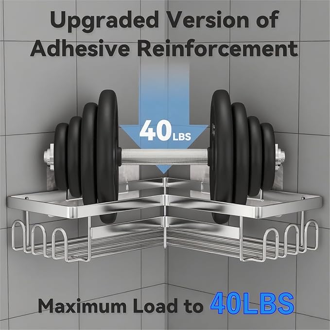 Adhesive Shower Caddy Shelf Organizer Rack,Rustproof Stainless Steel Bathroom Organizer with Large Capacity, No Drilling Corner Shower Shelves for Bathroom Storage & Home Decor