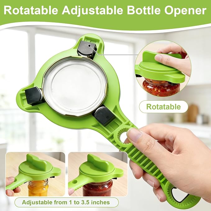 Multi-Functional 4-in-1 Jar Opener, Adjustable Stainless Steel Bottle Opener for Multi Size Jar Bottles with Ergonomic Non-Slip Handle Grip, Kitchen Helper for Seniors Weak Hands Arthritis