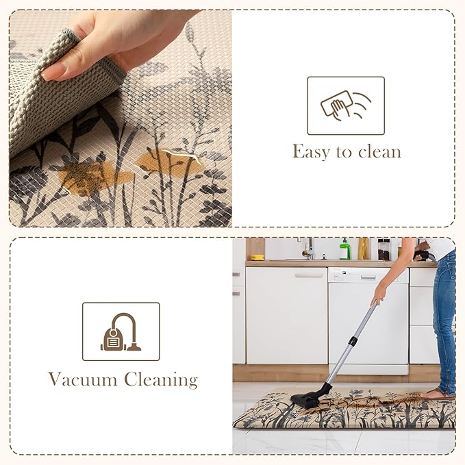 KIMODE Kitchen Anti Fatigue Mats, Farmhouse Kitchen Rugs Sets of 2, Memory Foam Kitchen Mats for Floor, Waterproof Standing Mat for Sink, Laundry, Office, Desk Brown/Gray 17"x59"+17"x29"