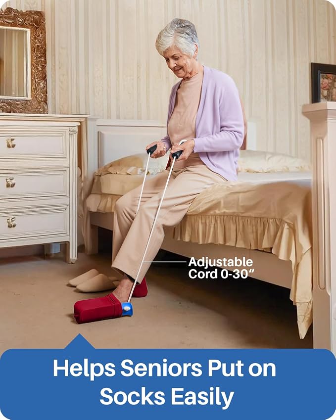 Jellas 4.6 Inch Wide Sock Aid Kit - Long Rope Assist Device for Seniors, Limited Mobility, Post-Surgery | No Bend Sock Helper & Remover | Easy On/Off Socks Tool (Blue)