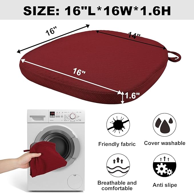 BUYUE Luxury 100% Pure Memory Foam Chair Cushion 1 Pack, Jacquard 16" U-Shape Comfortable Dining Chair Pad, Removable Slip Resistant Kitchen Chair Seat Cushion, (1 piece, Burgundy)