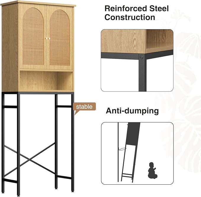 FiveWillowise Rattan Toilet Storage Cabinet, Over The Rack Wood Cabinet with Metal Stand, Bathroom Organizer with Adjustable Shelf, Tall Freestanding Washer Shelf, Small Cupboard, Natural