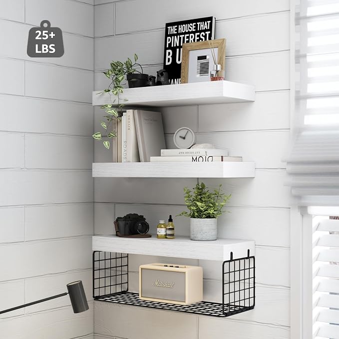 QEEIG Bathroom Shelves Over Toilet - Wall Mounted Floating Shelves Toilet Paper Storage Small Farmhouse Decor Shelf 16 inch Set of 3, White and Black (019-WB3)