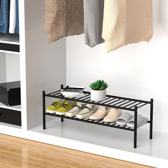 ROMGUAR CRAFT 2-Tier Bamboo Long Shoe Rack, Free Standing Wood Shoe Shelf Storage Organizer for Closet Entryway Stackable 35"x11"x13" (Black)