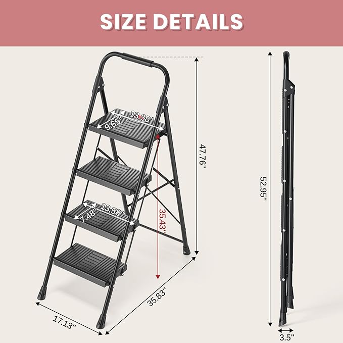 TOOLF 4 Step Ladder Folding Step Stool with Handrail, Heavy Duty Steel Ladder, Anti-Slip Wide Steps, Safe Lock, Portable Ladder for Home Kitchen Garage, Black