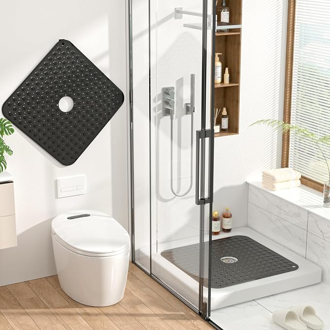 HITSLAM Shower Bathtub Mat Non Slip, 24"x 24" Bath Mat for Tub, Soft PVC Shower Mats for Inside Shower with Suction Cups and Center Drain Hole, Machine Washable Bathroom Floor Mat, Black