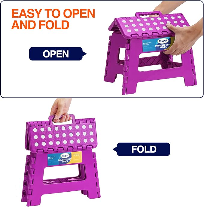 Korpai 9" Folding Step Stool for Adults and Kids Holds Up to 300 lbs,Non-Slip Folding Stools with Portable Handle, Compact Plastic Foldable Step Stool for Bathroom,Bedroom, Kitchen,Purple,1PC