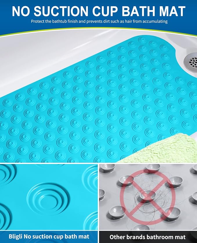 Bligli Bathtub Mat Non-Slip Without Suction Cups, 39x16inch Extra Long Bath Mats for Shower Bathroom, Machine Washable Natural Rubber Shower Tub Mat (39x16inch, Blue)