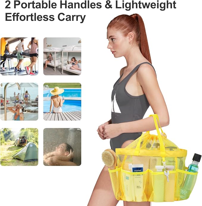 F-color Mesh Shower Caddy Portable with Drawstring - Large 8 Pockets Dorm Room Essentials for Guys Girls with S Hook, Shower Bag Basket Tote for College Camping Gym Travel Toiletry Bathroom, Yellow