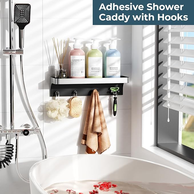 Shower Caddy Adhesive, Shower Shelve for Inside Shower, Bathroom Organizers and Storage for Accessories Holder, Rustproof Bathroom Wall Shower Rack Organize with 5 Hooks, No-drill, Silver