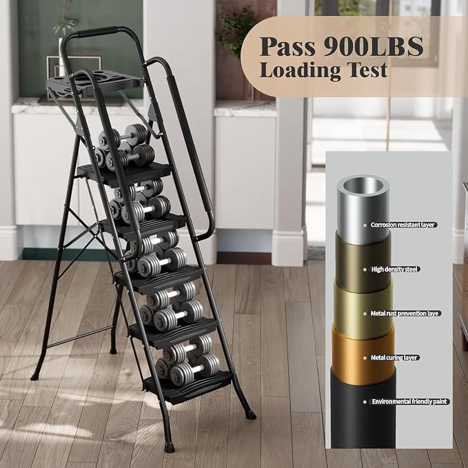 Simple Deluxe 5 Step Ladder with Tool Platform, 900 lbs Sturdy Step Stool with Handrail, Step Stool for Adults, Step Ladder for Home Kitchen and Outdoor, Black