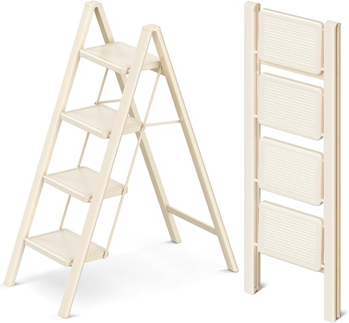 4 Step Ladder Folding Step Stool with Wide Anti-Slip Pedal, 330LBS Capacity, Lightweight Portable Stepladder for Home and Kitchen Use, Cream White