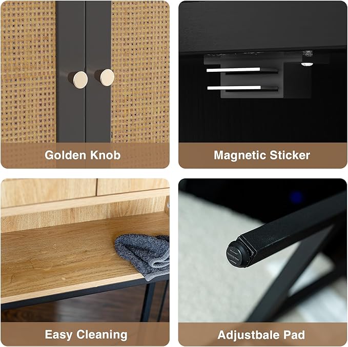 FiveWillowise Rattan Toilet Storage Cabinet, Over The Rack Wood Cabinet with Metal Stand, Bathroom Organizer with Adjustable Shelf, Tall Freestanding Washer Shelf, Small Cupboard, Black