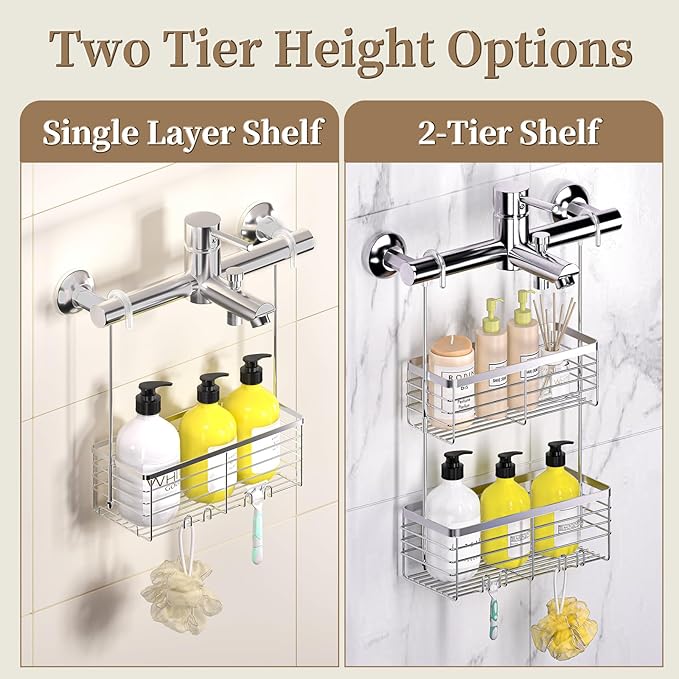 DELLAN Hanging Shower Organizer, 2-Tier Shower Rack with Hooks Over the Door, Bathroom Shower Caddy and Basket