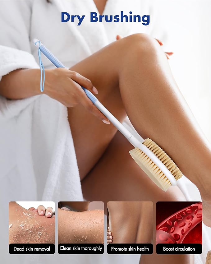 Back Scrubber Body Shower Brush: Anti Slip Long Handle Bath Brush with Stiff and Soft Bristles - Showering Exfoliator Wet or Dry Brushing for Women, Men, Elderly (Blue)