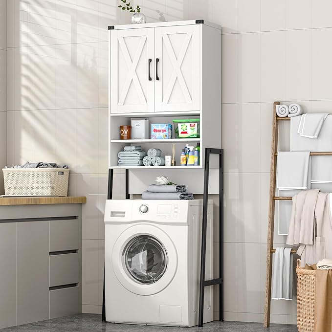 Vabches Over The Toilet Storage Cabinet, Farmhouse Over Toilet Storage Cabinet, Metal Frame with 2 Barn Doors, Home Space-Saving Toilet Rack for Bathroom, Toilet, Laundry Room.