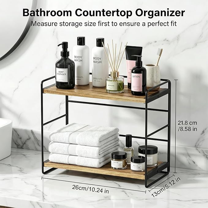 SRIWATANA 2 Pack Bathroom Counter Organizer, 2 Tier Countertop Organizers, Kitchen Counter Shelf Spice Rack Countertop Storage Wood Shelf - Carbonized Black