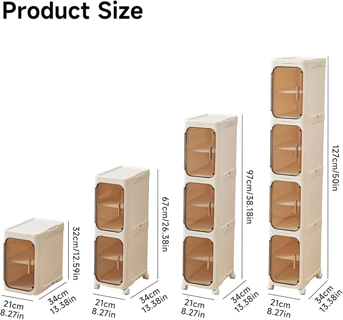 UFORU 3-Tier Tall Narrow Storage Cabinet- Plastic Slim Bathroom Storage Organizer with Magnetic Doors, Adjustable Shelves&Movable Wheels, Foldable Skinny Cabinet for Small Spaces, Kitchen, Cream White