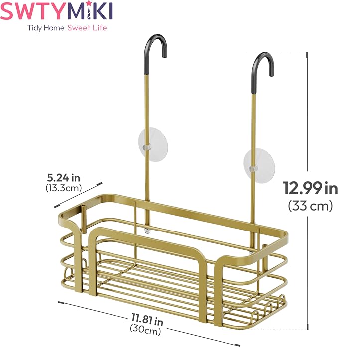 SWTYMIKI Shower Caddy Hanging Organizer - Over the Door Shower Caddy with 6 Hooks, 2 Installation Ways, Stainless Steel Rustproof Bathroom Organizer, Gold Small