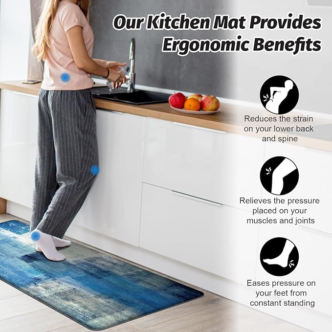 MAYHMYO Anti Fatigue Kitchen Mat - Set of 2 - Teal and Marble Design Comfort Mats - Cushioned, Non Slip Floor Mat